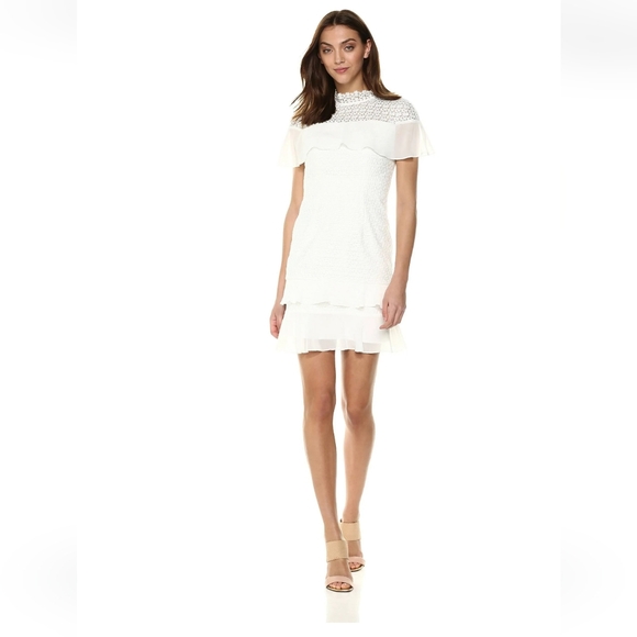 Monique Lhuillier Embroidered Floral Lace Dress Mock Neck Ruffles Black Size 2 - Picture 11 of 14